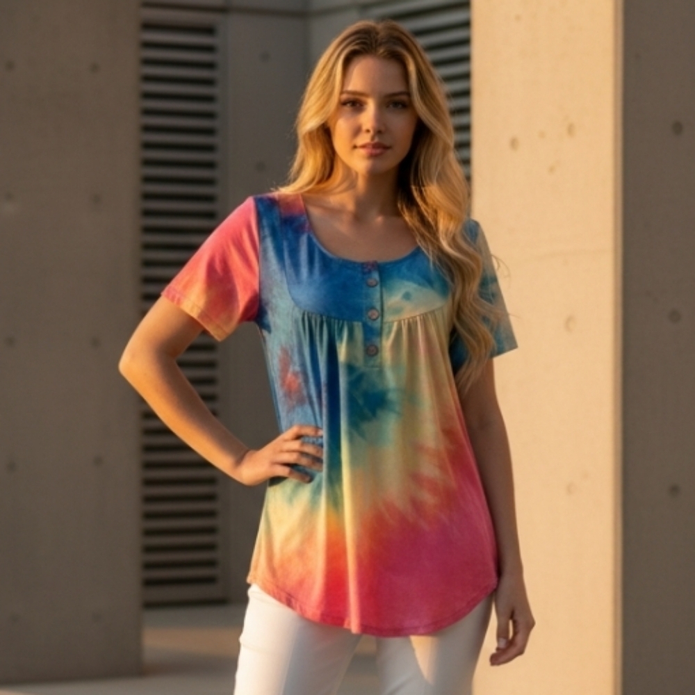 Multicolor Tie-Dye Short Sleeve Scoop Neck Top with Button Detail